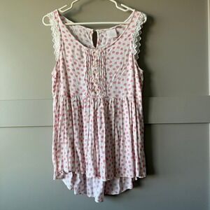 Lauren Conrad Babydoll Top Women Size L Pink Polka Dot Lace Trim‎ Pintuck Blouse